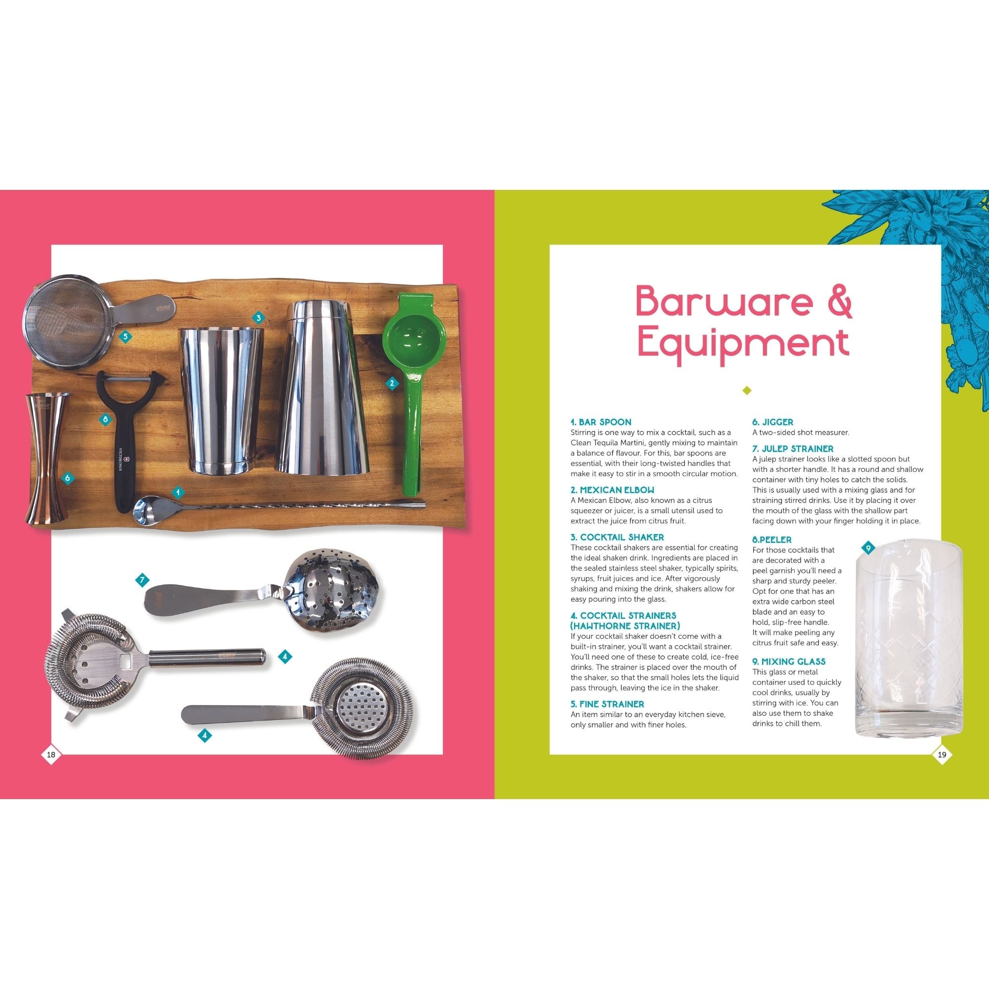 CleanCo Cocktail Book  showing barware and equipment page